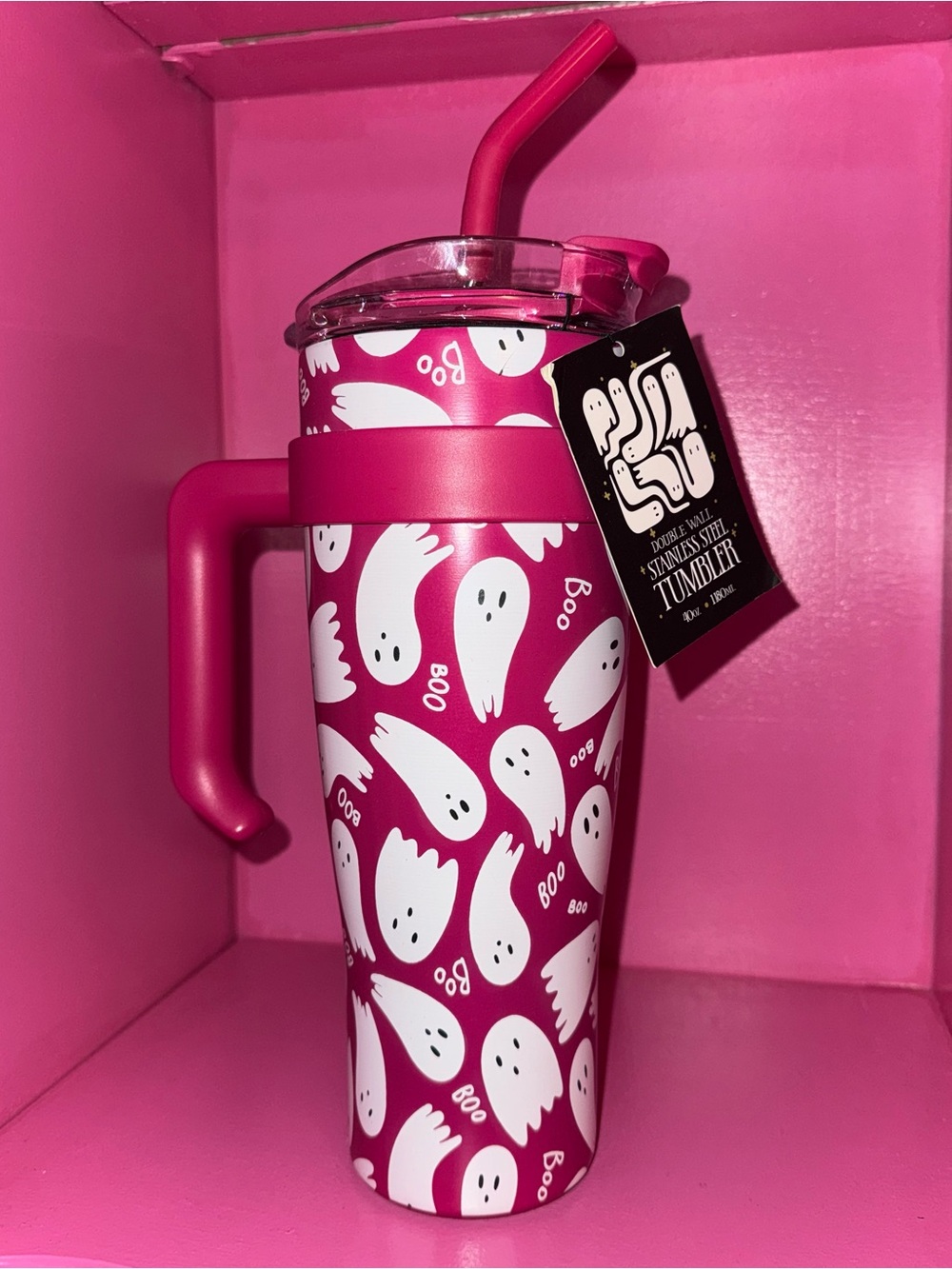 Hot Pink Ghost Tumbler with Handle BNWT